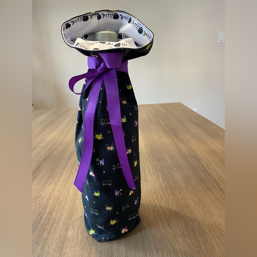 Cat Print Wine Bottle Cover with Purple Ribbon